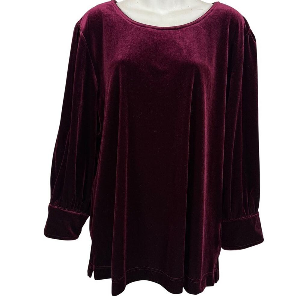 Karl Lagerfeld Paris Plum Velvet Long Puff Sleeve Stretch Top Blouse sz XL